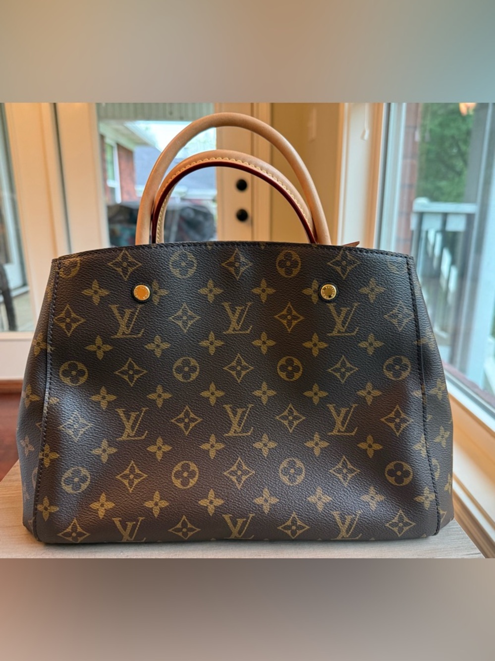 Louis Vuitton Montaigne Monogram Canvas Tote with Tan Leather Handles